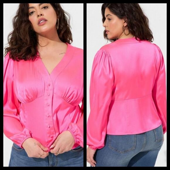 6X 30W Torrid Hot Pink Satin Button Front Top V Neck Empire Waist Barbiecore mod - Picture 1 of 8
